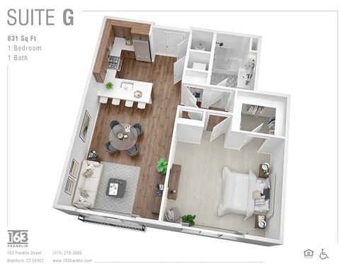 Floor plan for 1 bed, 1 bath, 831 sqft
